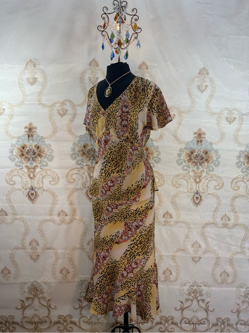 ✨Vintage Y2K Boho Matching Leopard & Floral Beaded Blouse & Ruffle Skirt✨